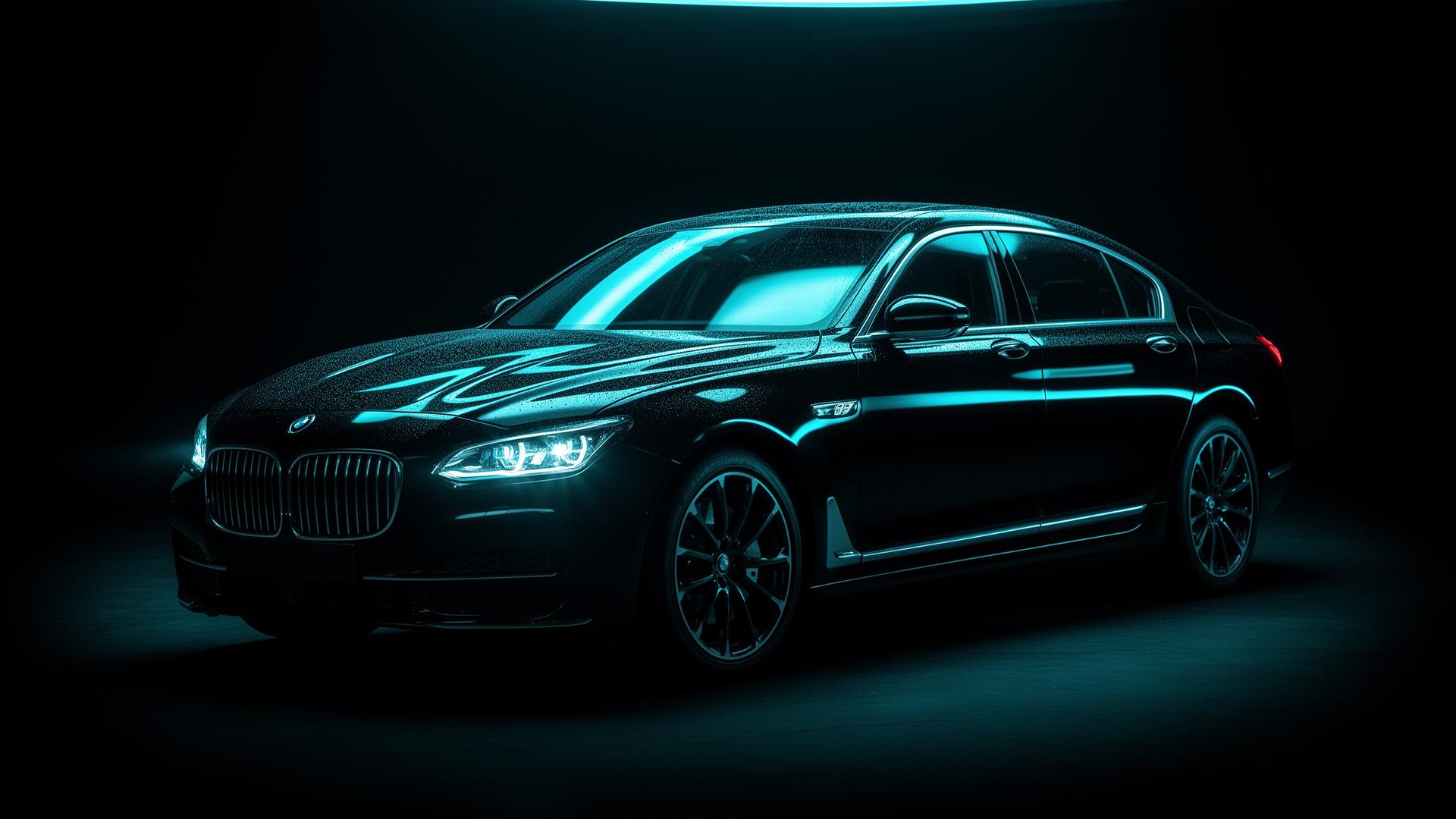 Glossy black luxury car under cyan studio lighting